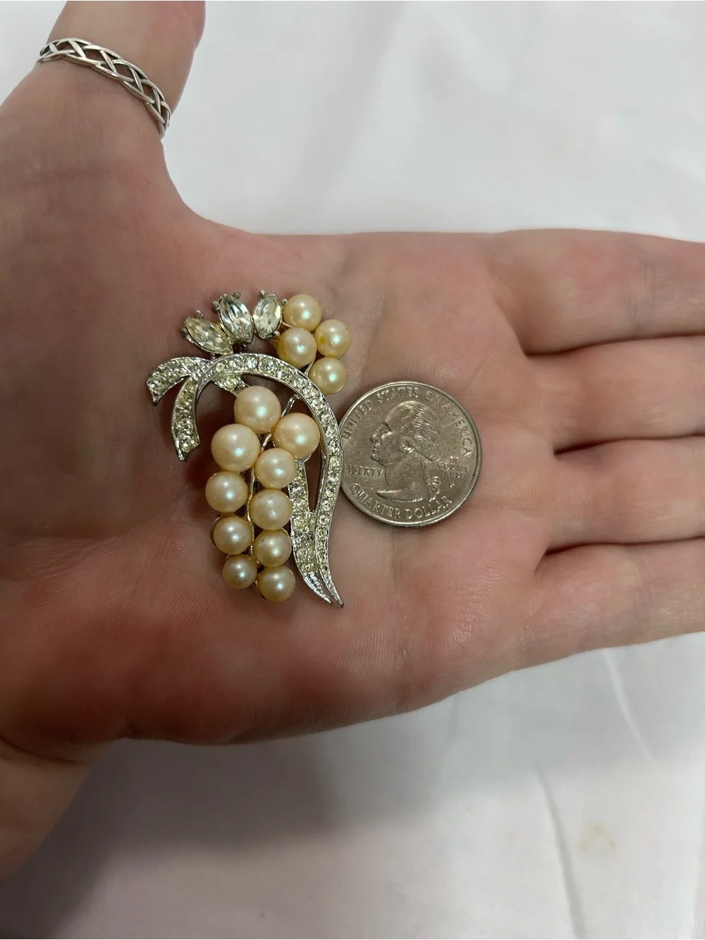 Pearl and Crystal Cluster Brooch - Champagne faux Pearls with Silver Tone